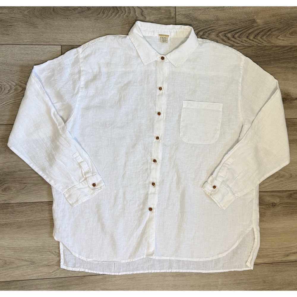 Magaschoni Women's XL Linen Long Sleeve Button Up Decorative Crisp White